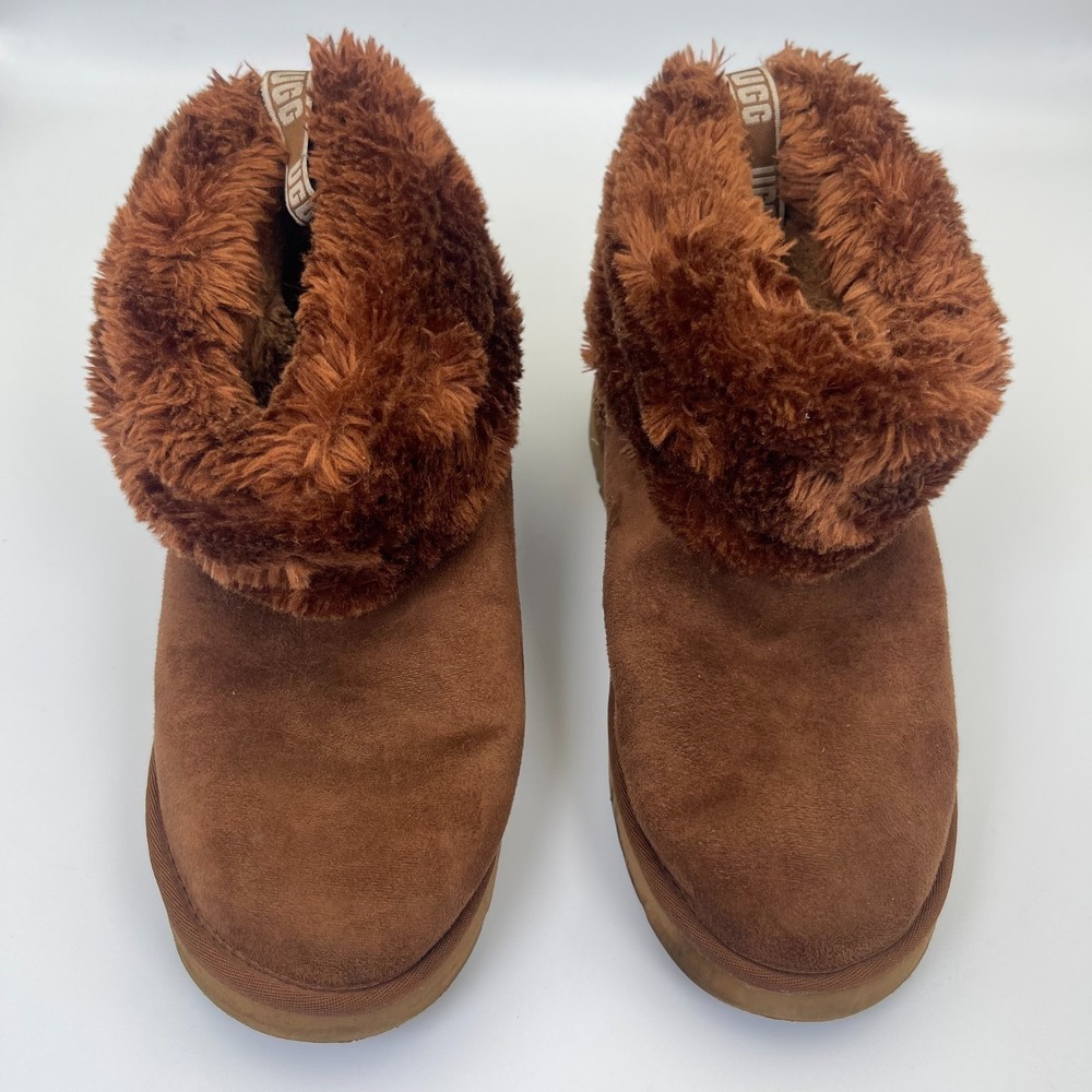 UGG Mini Fluff Quilted Boot Women US 6 Brown Lined Mid Top Classic Pull-On Shoes